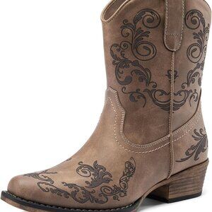 Women's Cowboy Cowgirl Western Ankle Boots Low Chunky Heels Square Toe Fall Shor